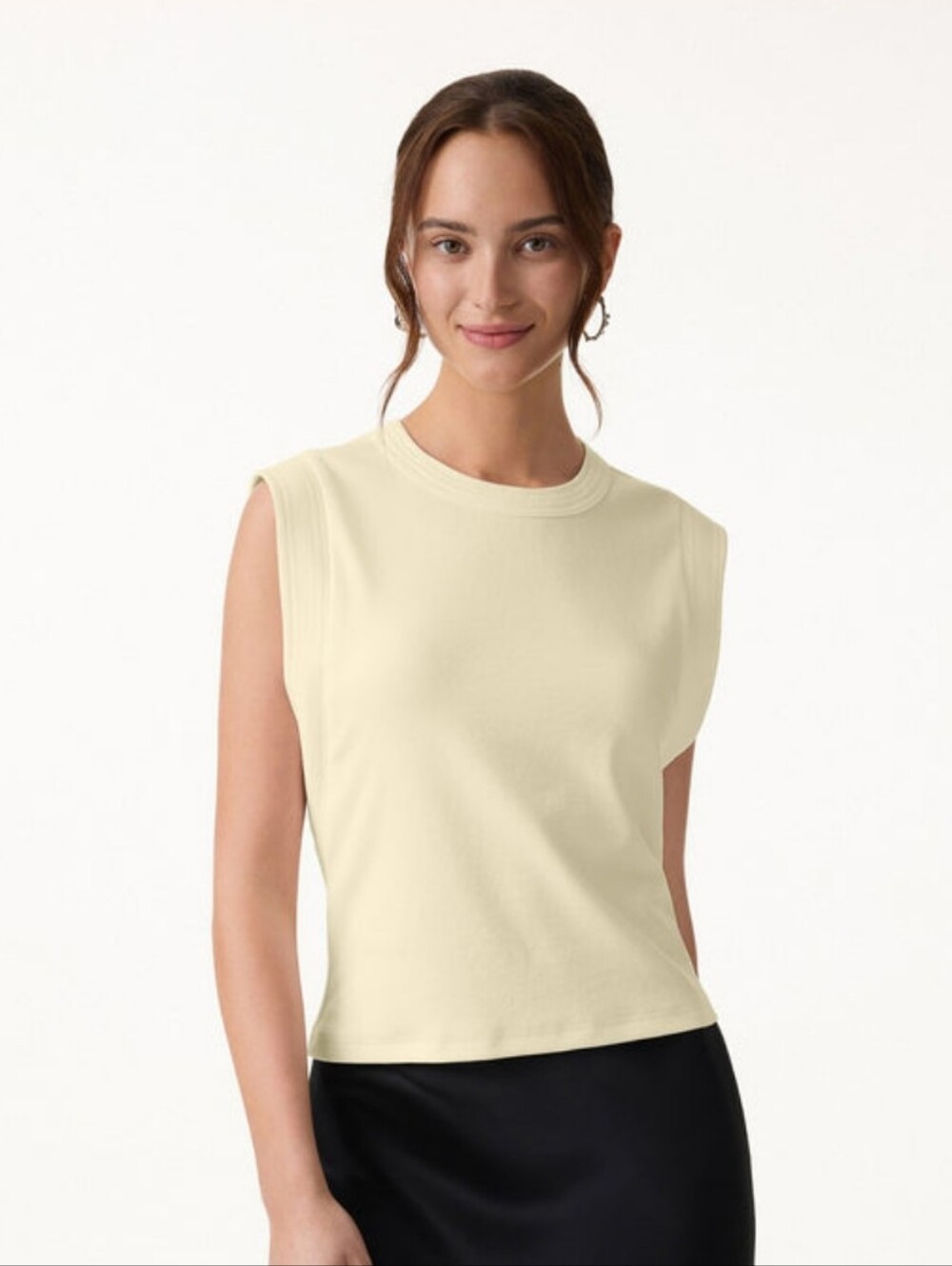 OGL Sleeveless Lyocell Crop Wide Shoulder Tank in Pale Yellow Cream XL